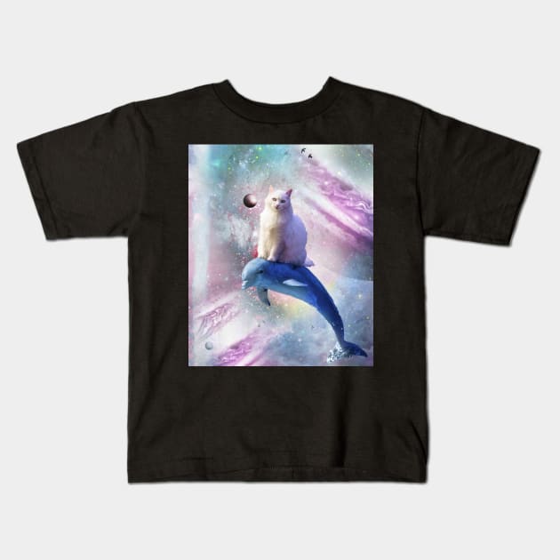 Space Cat Riding Dolphin Kids T-Shirt by Random Galaxy